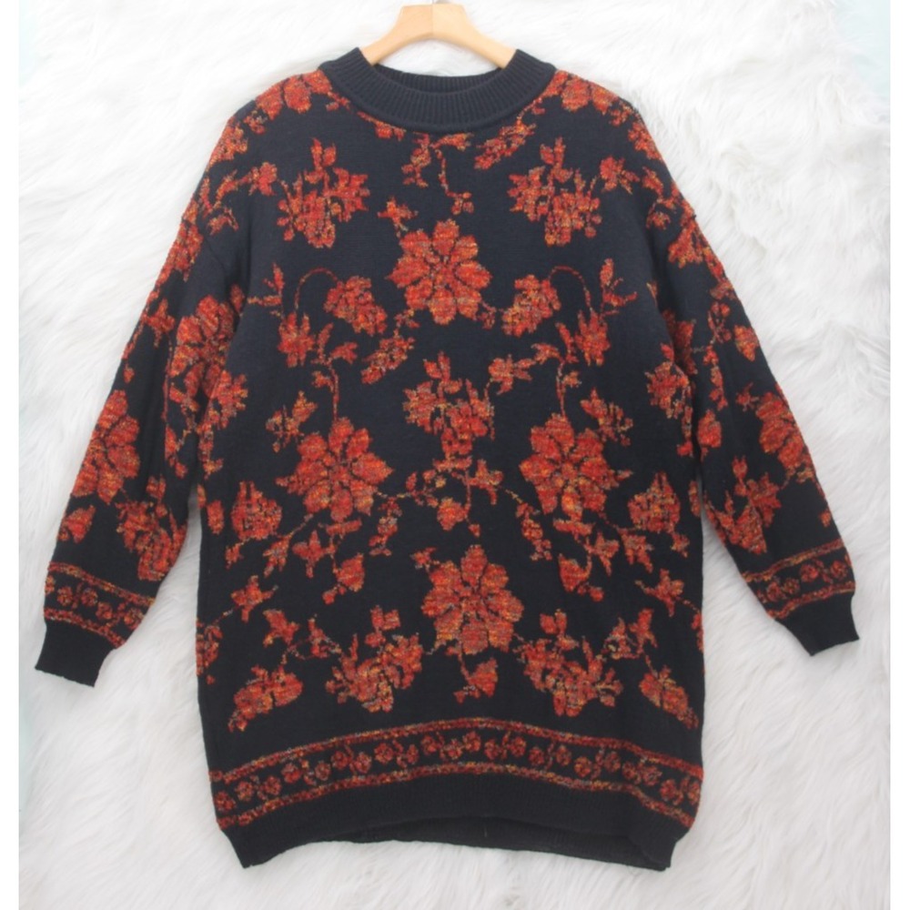 Vtg Express Tricot Wool Blend Tunic Sweater Black Floral  L Grannycore 80's 90's